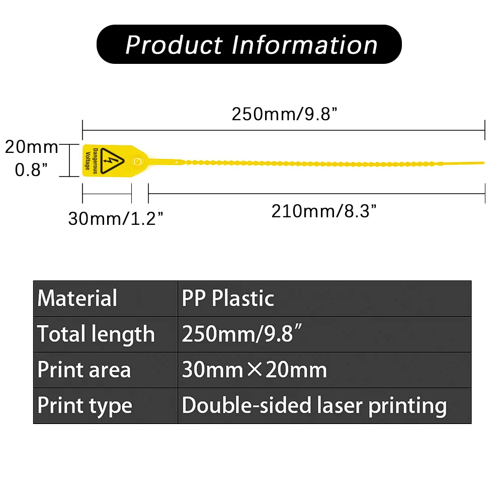 100Pcs 플라스틱 보안 씰 위험한 전압 우편 타이 경고 케이블 노란색 250mm/9.8에 대 한 태그를 걸어