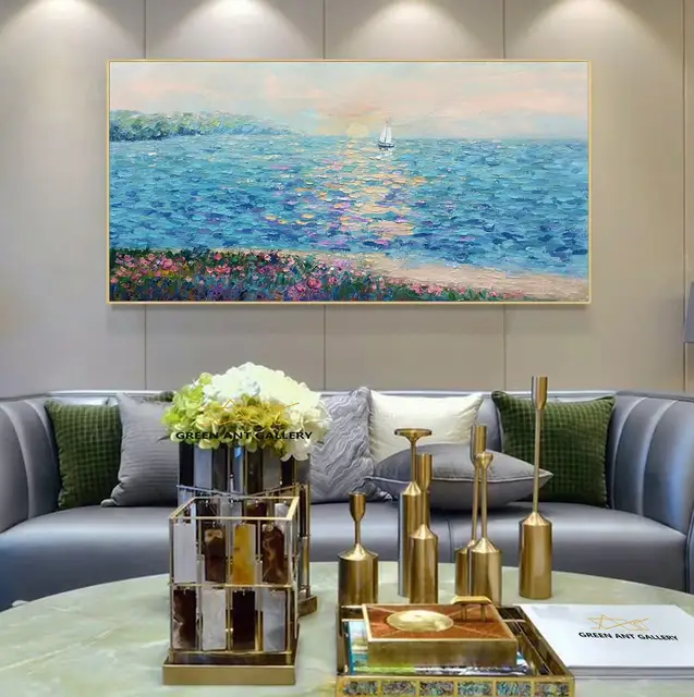 Sunrise Ocean Painting Large Coastal Hand-painted Oil Painting Sea Landscape Picture Large Painting Palette Knife Art Wall Decor