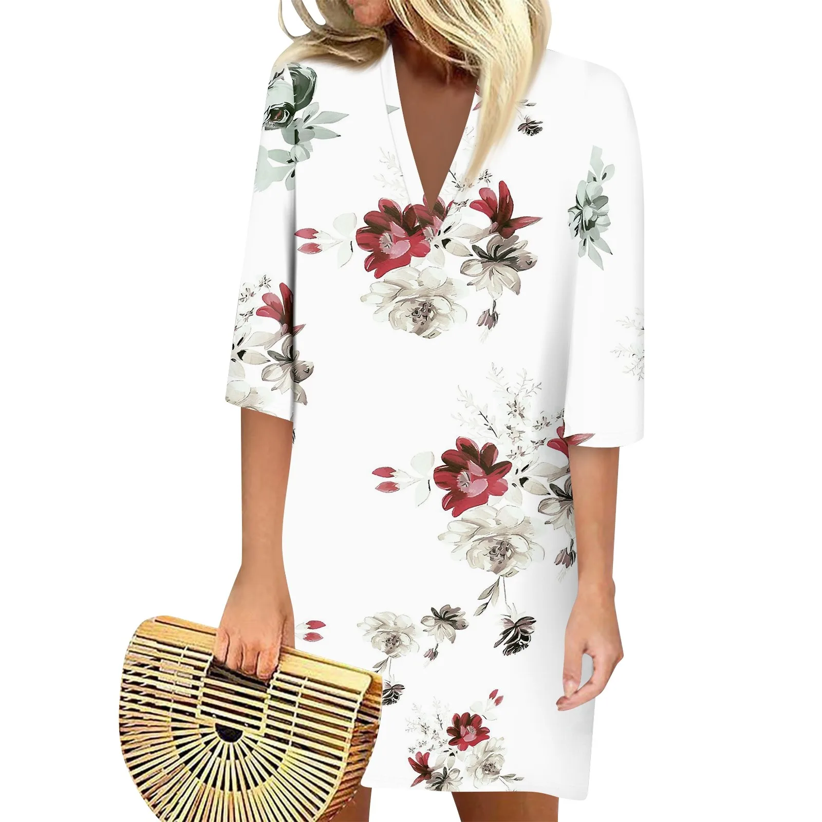 

Summer Dresses For Women Fashion Casual Printed Loose V Neck 3/4 Sleeve Dress فساتين طويلة платье женское vestidos 원피스 elbise#