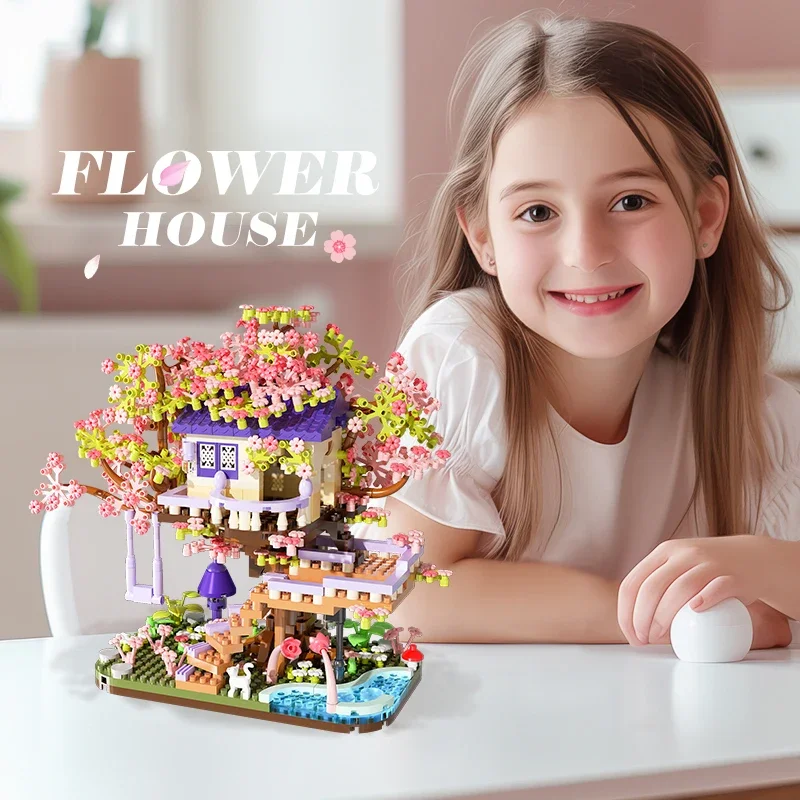 DIY Sakura Treehouse Building Blocks Set Diy Cherry Blossom Bricks Tree Model Ornament Romantic Christmas Gift for Girlfriend