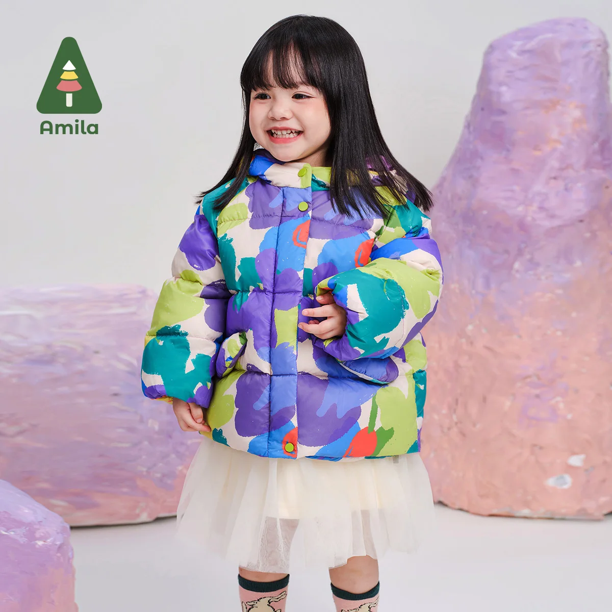 Amila Baby Down Jacket Winter New High Quality Girls Hooded Graffiti White Duck Down Warm Loose Casual Children&lsquo;s Jacket