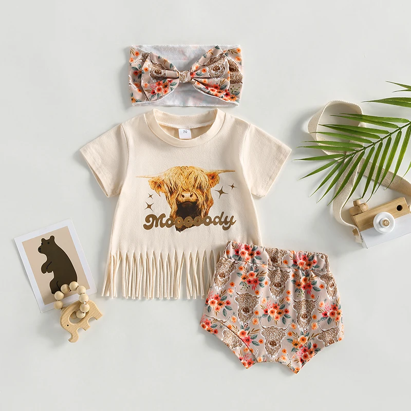 

EWODOS Toddler Baby Kids Girls Shorts Sets Casual Baby's Sets Street Party Short Sleeves Top + Floral Short Pants + Headbands