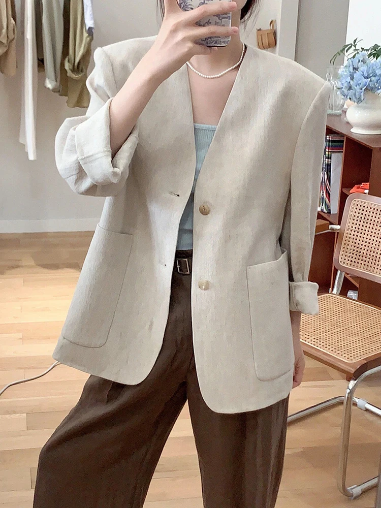 [LANMREM] Minimalism Linen Loose Blazers For Women V Neck Single Breasted Casual Jackets Fashion Jackets 2024 Summer New 26D9173