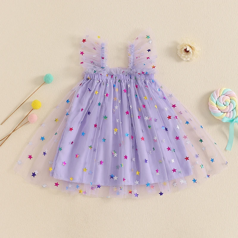 MISOWMNJOY Summer Chiffon Baby Girl Tulle Dresses Princess Glitter Flower Print Fly Sleeve Square Neck Kids Sundress Clothes girls dress princess costume kids clothes