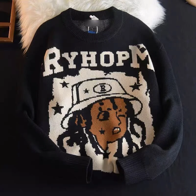 

Y2K Sweaters Harajuku Pullover Women Winter American Knitwear Embroidery Anime Pattern Oversized Sweater Streetwear Lovers Top