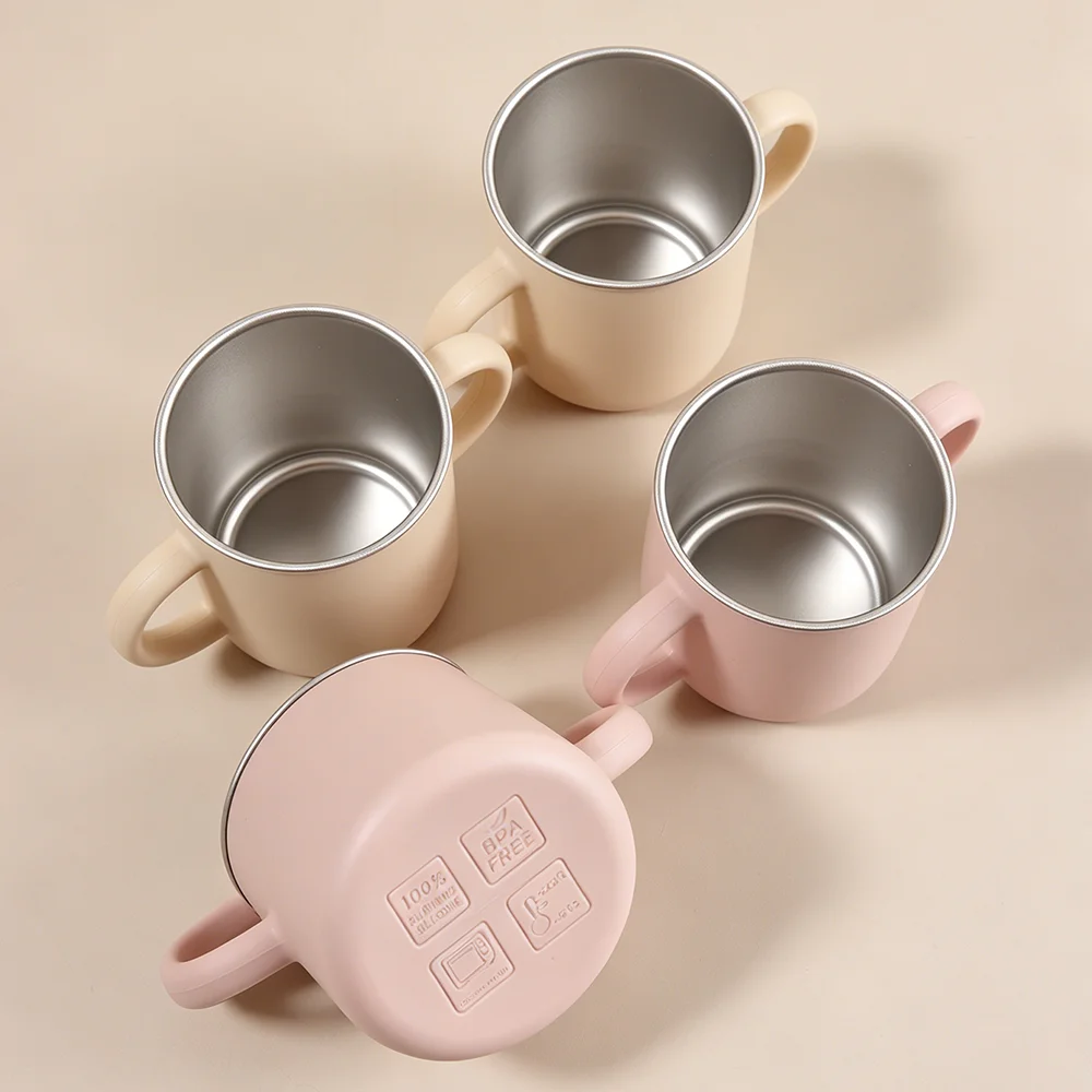 250ML 이중벽 실리콘 텀블러, 이중 손잡이가 있는 스테인리스 스틸 내부 라이너 직수형 컵, 뚜껑 없는 물컵