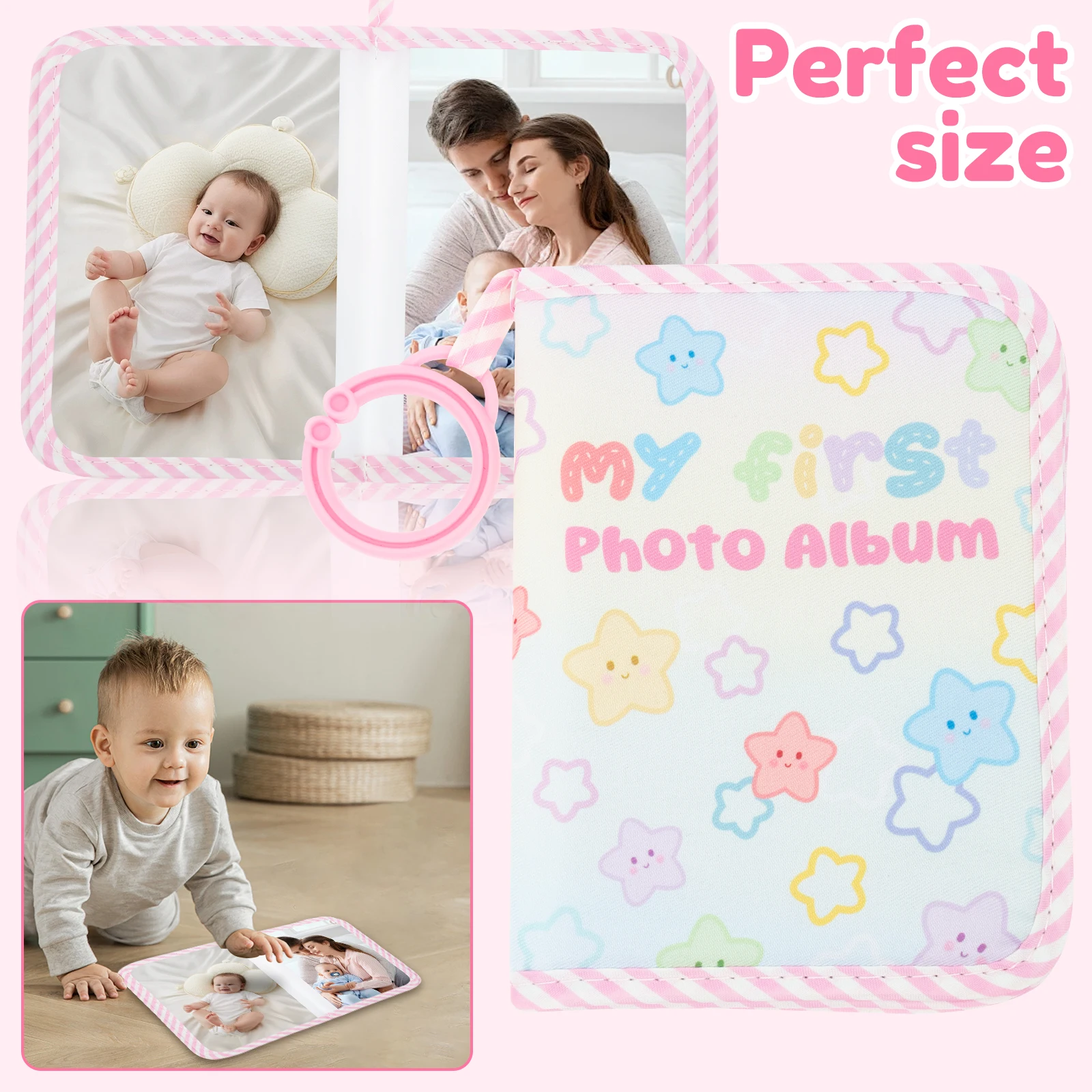 Soft Cloth Baby Photo Album Safe Baby Memory Album Book with Mirror Cute Newborn Family Memory Picture Book Holds 17 Pictures