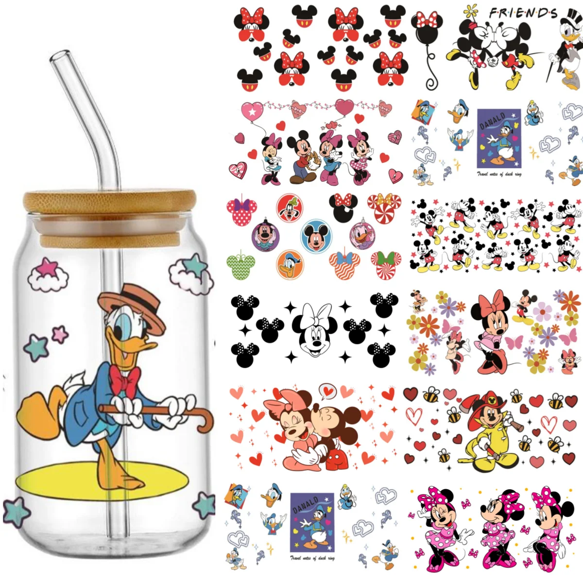 3D Waterproof UV DTF Cup Wrap Miniso Cartoon Mouse Mug DIY Transfer Sticker for 16oz Libbey Glasses