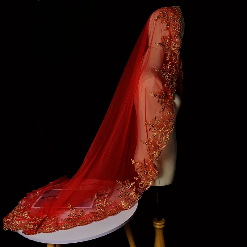 Muslim Bridal Veil Gold Lace Edge Red Tull Women Wedding Party Accessories One Layer