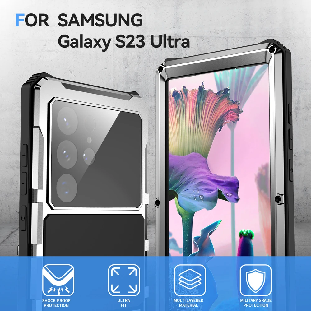Heavy Duty Tempered Glass Case For Samsung Galaxy S24 Ultra S23 Ultra S22 Ultra Bracket Metal Anti Fall Case Camera Protective