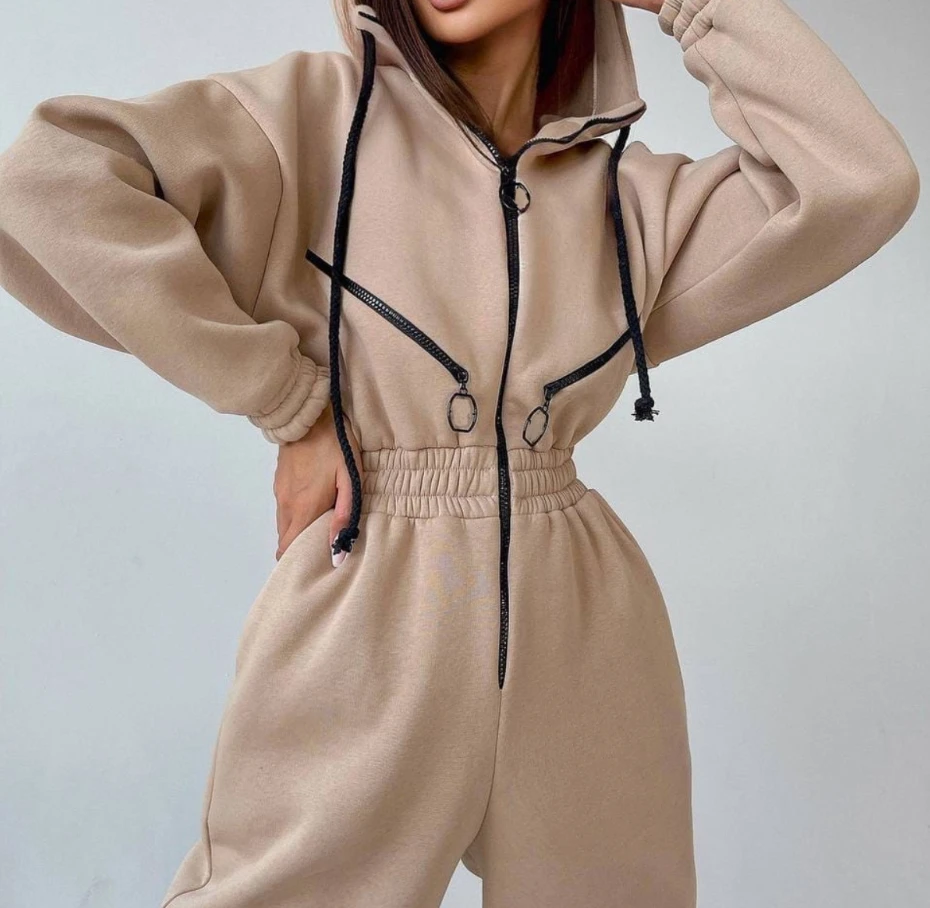 

Fashion Elegant Hoodies Jumpsuit Women 2023 Autumn Sports Casual Long Sleeve Hooded Zipper Design Sportwear Fashion Overalls