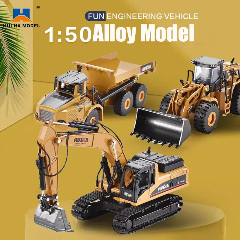 HUINA 1:50 Alloy Toys Scale Die-cast Pattern Hydraulic Navvy Loader Bulldozer Engineering Construction Car Boys Gifts