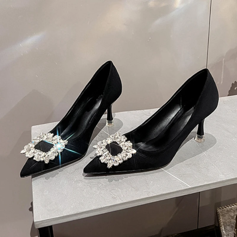 Suede Rhinestone High Heels Office Women Shoes Pointed Toe Pumps