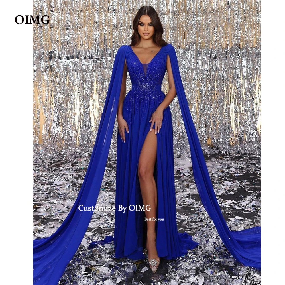 

OIMG Royal Blue Chiffon Prom Dresses Long Cape Sleeves Sparkly Beads Sequin Split Dubai Arabic Women Party Formal Evening Gowns