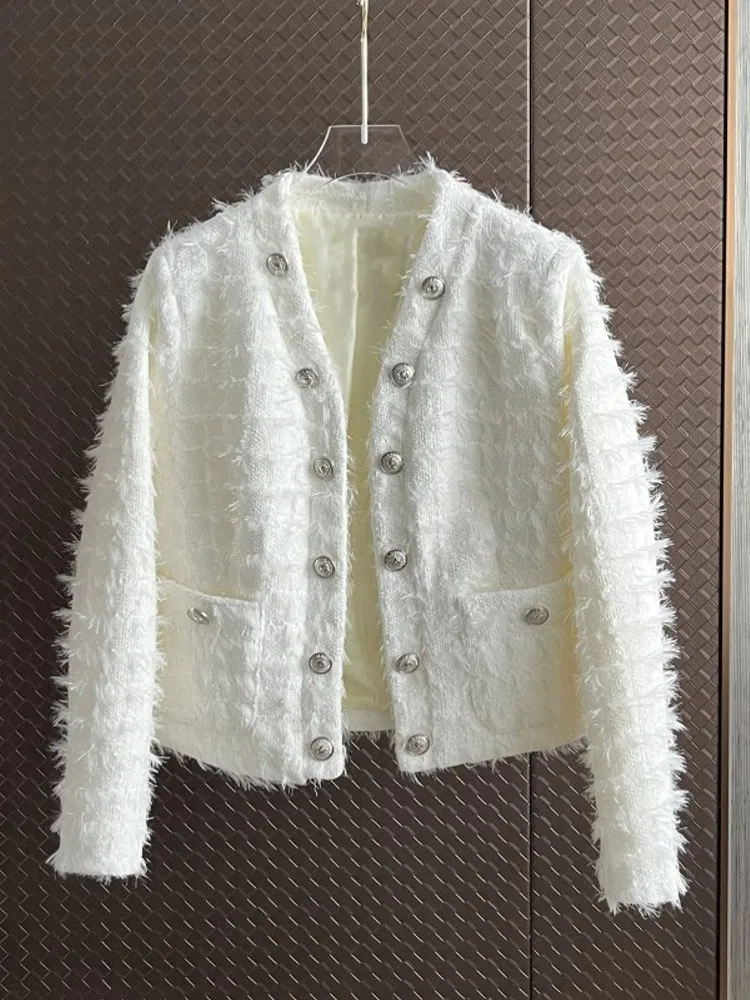 

Runway Korean Brand Luxury White Cardigan Tassels Tweed Jacket Coats For Women Casacos Small Fragrance Outwear Femme Top