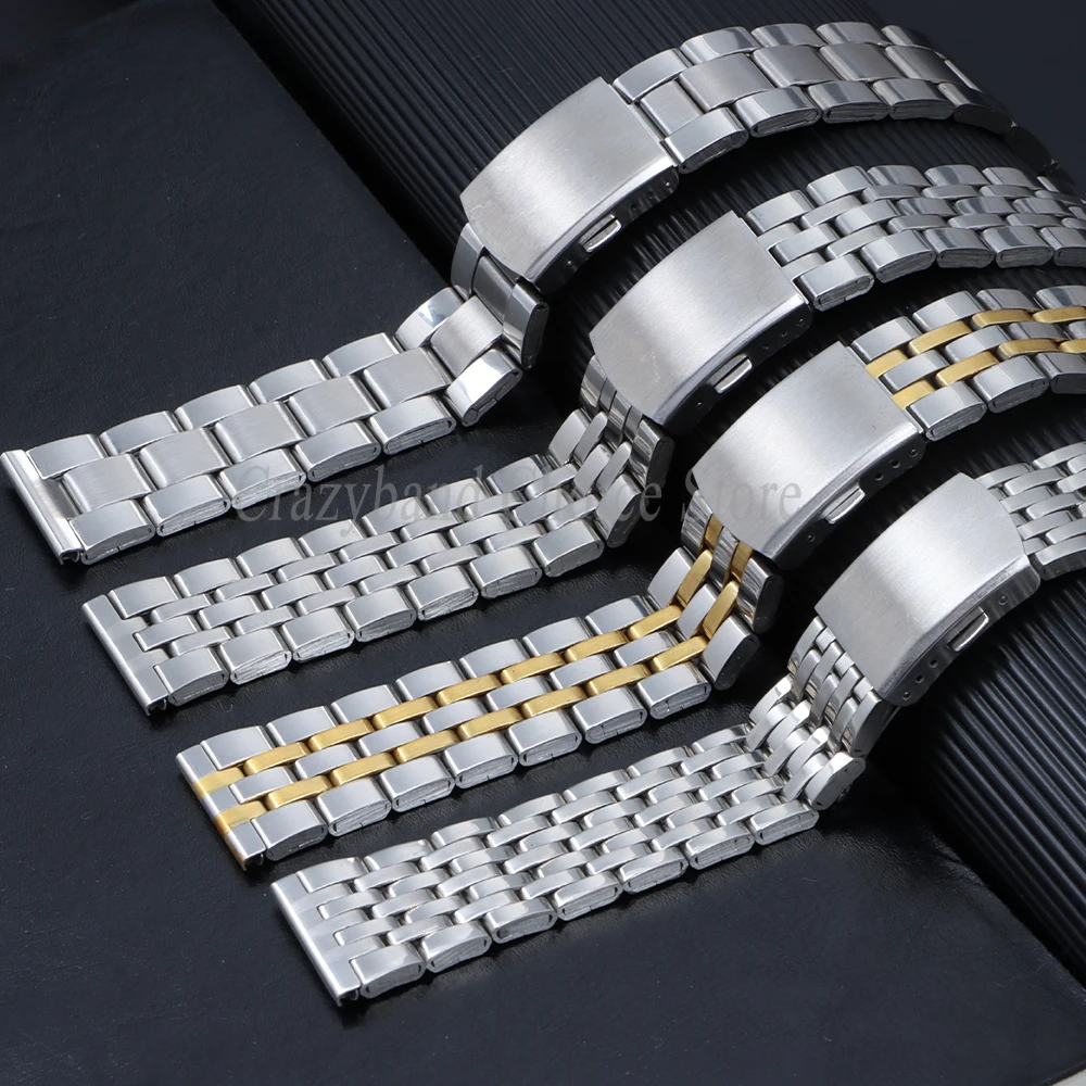 Silver Stainless Steel Watch Band with Folding Buckle and Tools - Elegant Metal Strap