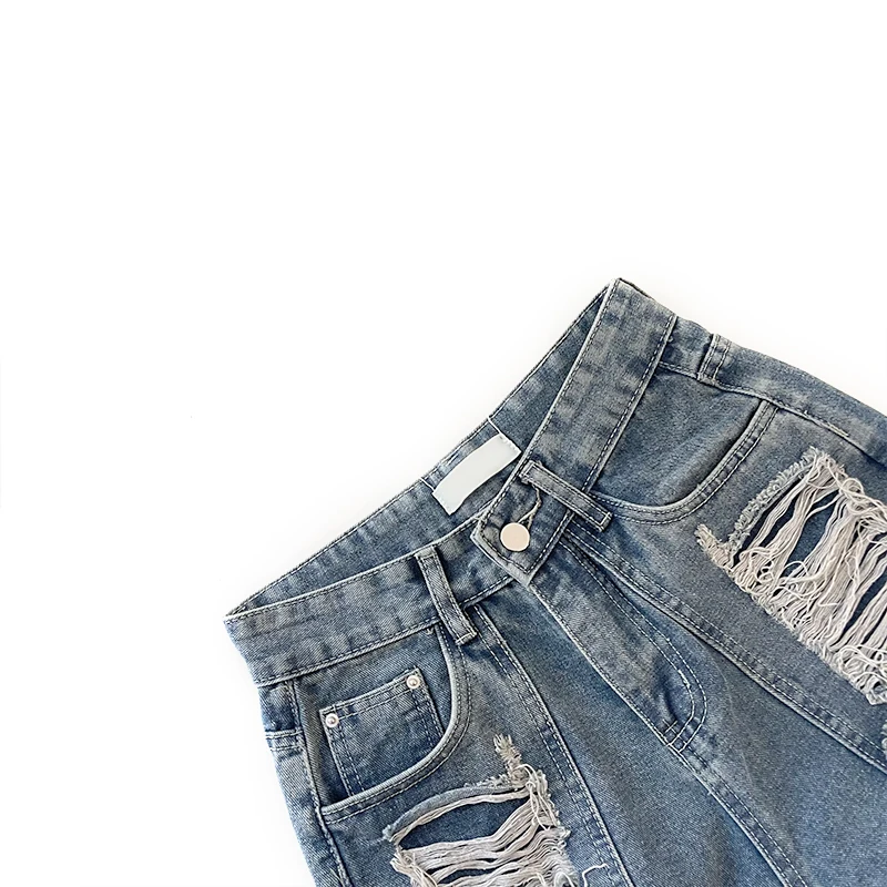 Vintage washed pockets hole high waisted straight tube wide leg denim pants