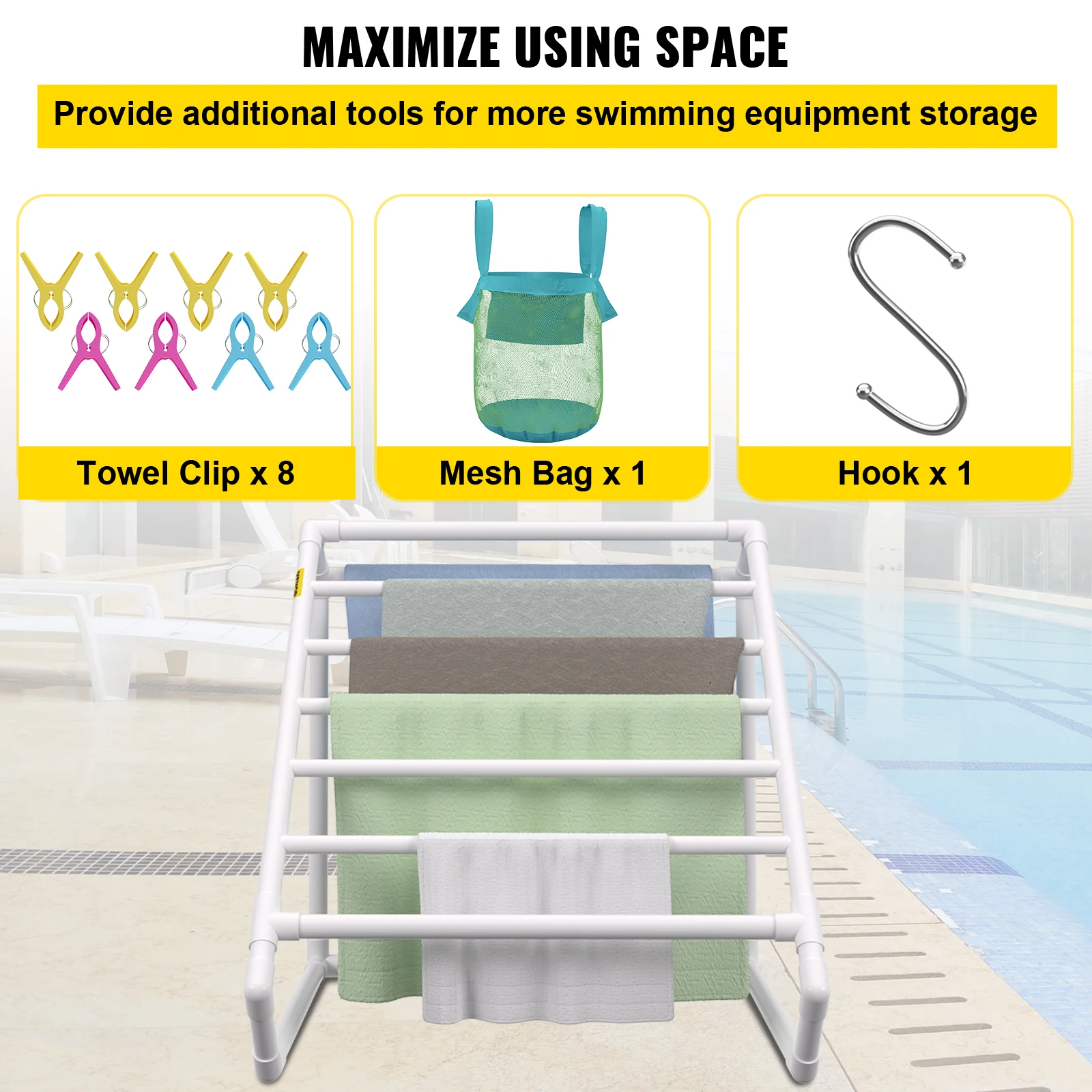 VEVOR Pool Towel Rack 8 Bar White Freestanding Outdoor PVC Triangular Poolside Storage Organizer Include 8 Towel Clips Mesh Bag