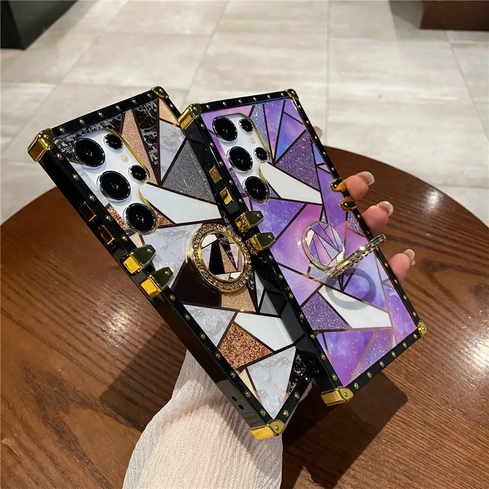 Feather Leopard Print Square Plating Fodral För Samsung Galaxy S24 S22 S21 S20 Note 20 Ultra 10 9 S23 FE A54 Ring Hållare_voghion.com