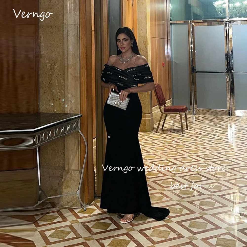 

Verngo Off the Shoulder Black Mermaid Evening Dresses Beads Fishtail Saudi Arabic Women Prom Gowns Formal Party Elegant 2023