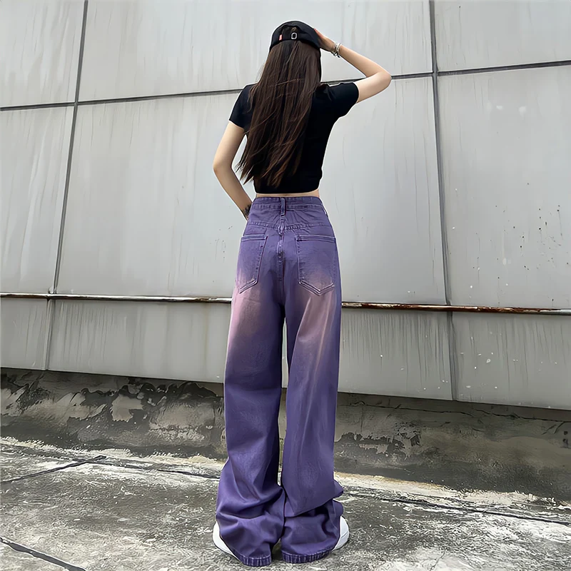 Purple Baggy Jeans Women Boyfriend Style High Waist Gradient Color