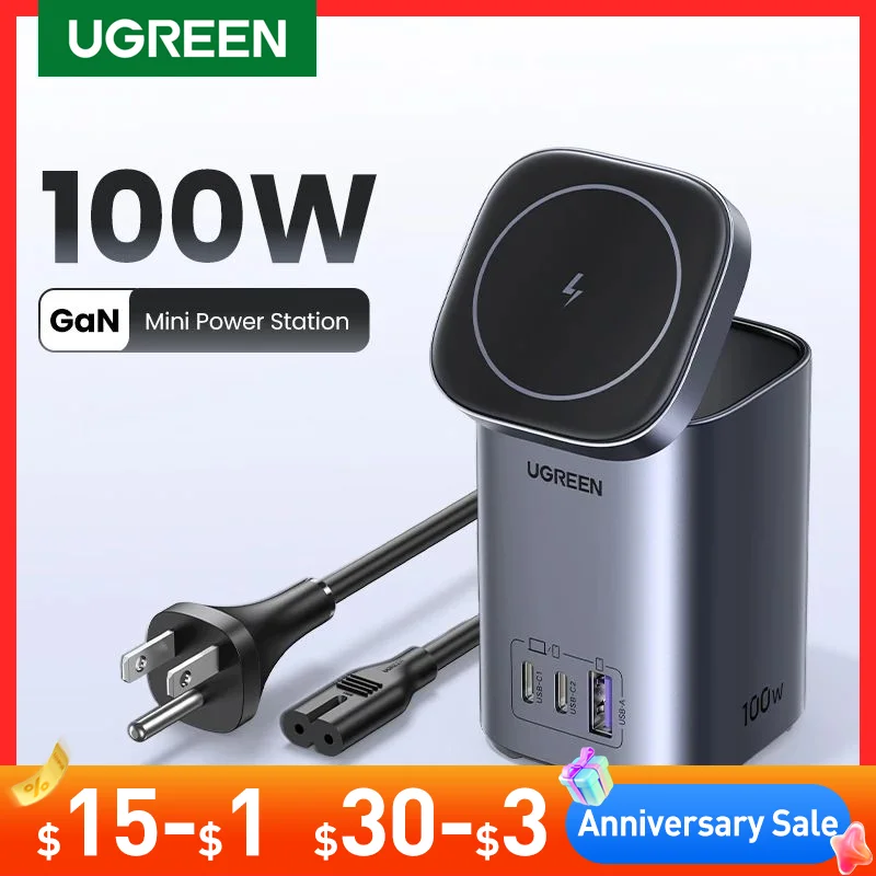 Caricabatterie Da Tavolo Ugreen Gan 100W Caricabatterie Wireless Magnetico Mfi Per Iphone 15 14 13 Caricabatterie Rapido Power Station Per Notebook Po