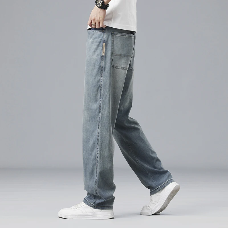 Summer Ultra-thin Lyocell Men's Jeans Drape Soft Fabric Loose Straight Casual Denim Pants Elastic Ice Silk Male Trousers 6