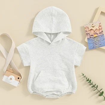 Newborn Baby Boy Girl Solid Color Hooded Bodysuit Oversized Short Sleeve Bubble Jumpsuit Summer Clothes 3