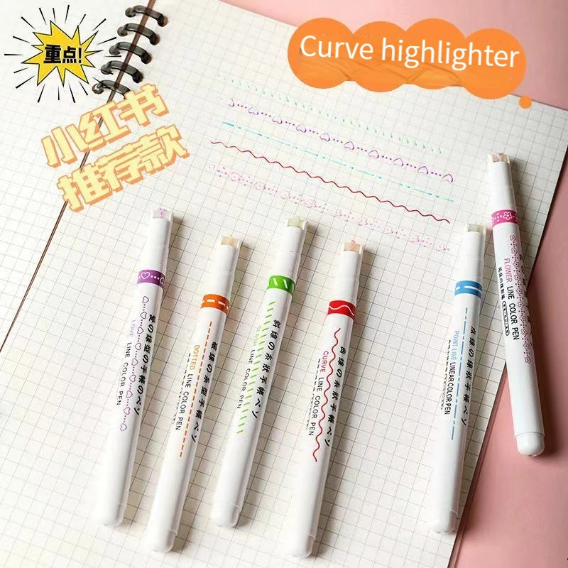 3/6pcs Heart Flower Dot Line Shaped Highlighter Pen Color Roller Tip Curve Liner Marker Highlighter Novelty Stationery School