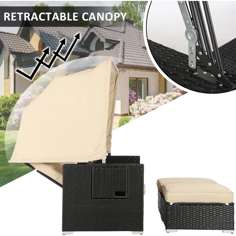 Outdoor Patio Furniture Sunbed with Retractable Canopy, PE Wicker Rattan Rectangle Sectional Sofa Set Clamshell Sectional 5