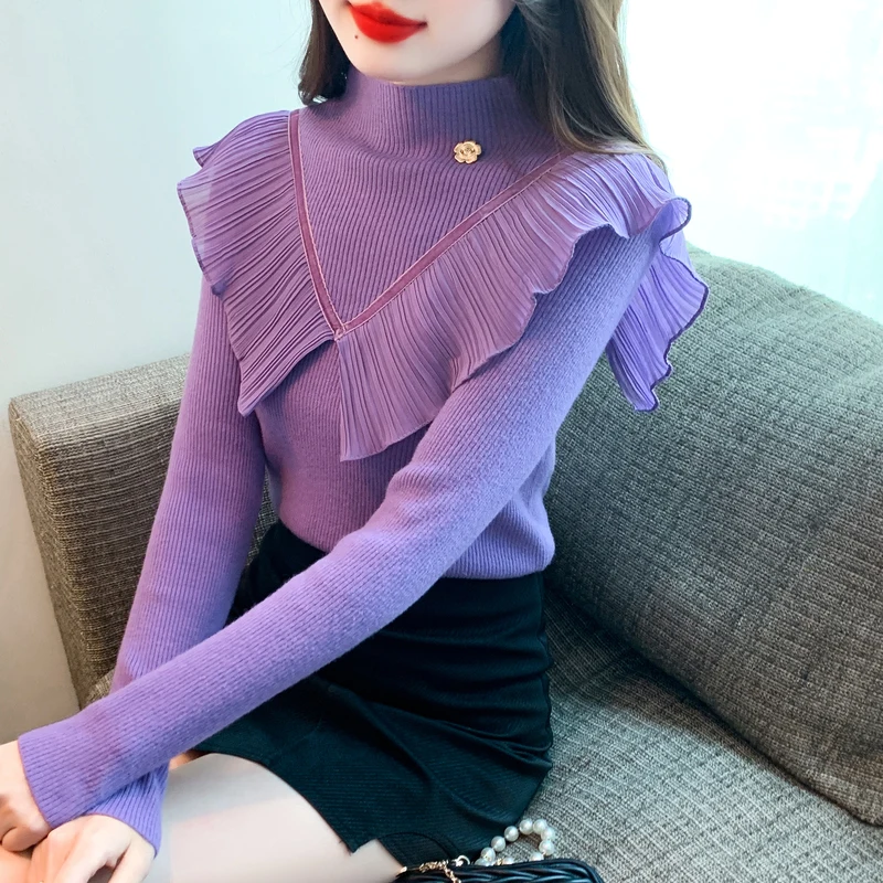 

2023 New Half Height Round Neck Knitwear Autumn/Winter Ruffle Edge Style Bottom Top Sweater for Women