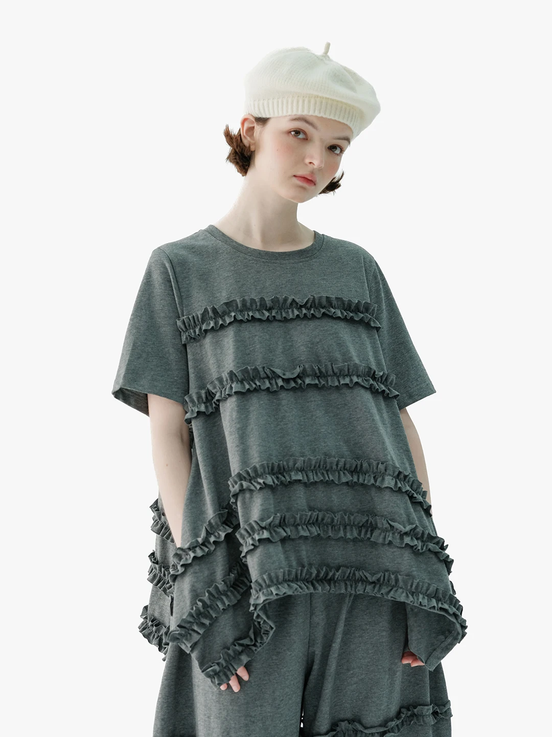 imakokoni-original-2023-summer-new-heavy-flower-grey-round-neck-knitted-lace-short-sleeve-t-shirt-women-234143