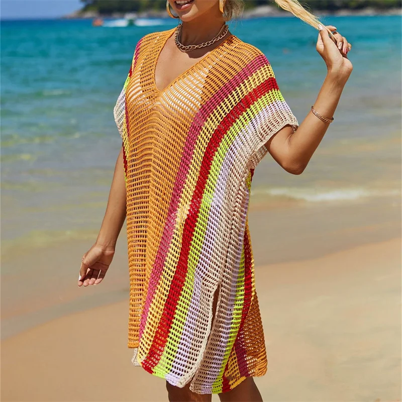 

Rainbow Color Knitted Hollow Out Cover-ups Women Beach Bikini Sun Protection Clothes Summer See-through Swimsuit Coverups Female