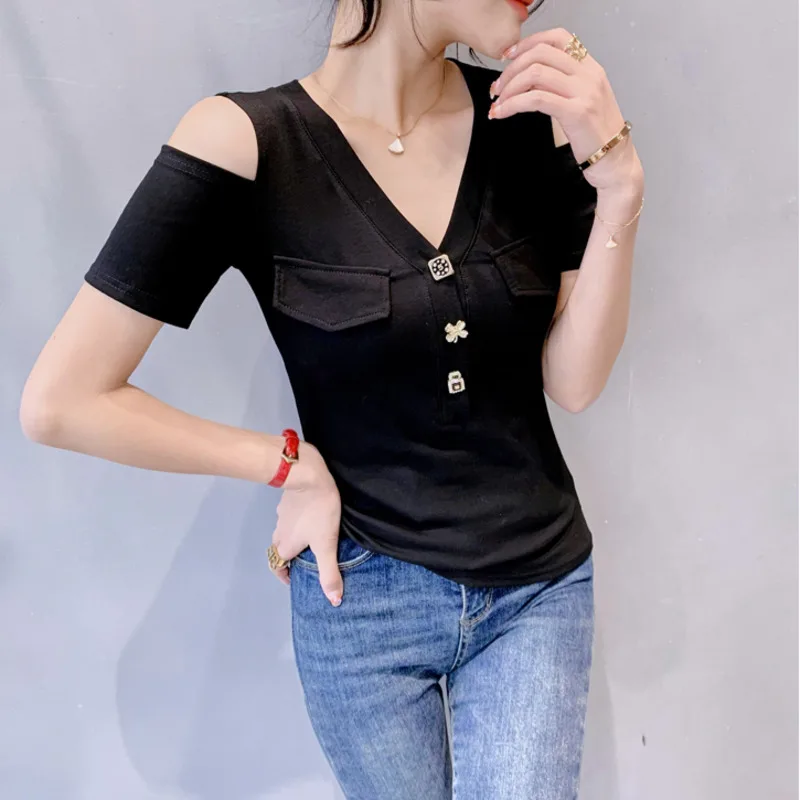 

#6226 Summer Black Striped Off Shoulder T Shirt Women V-neck Buttons Sexy Tight Tshirt Short Sleeve Streetwear T-shirt Cotton