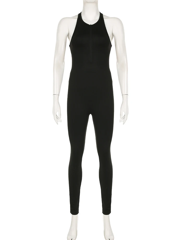 Solid Skinny Sleeveless Backless Sexy Zip Up O Neck Casual Sporty Rompers Womens Jumpsuits