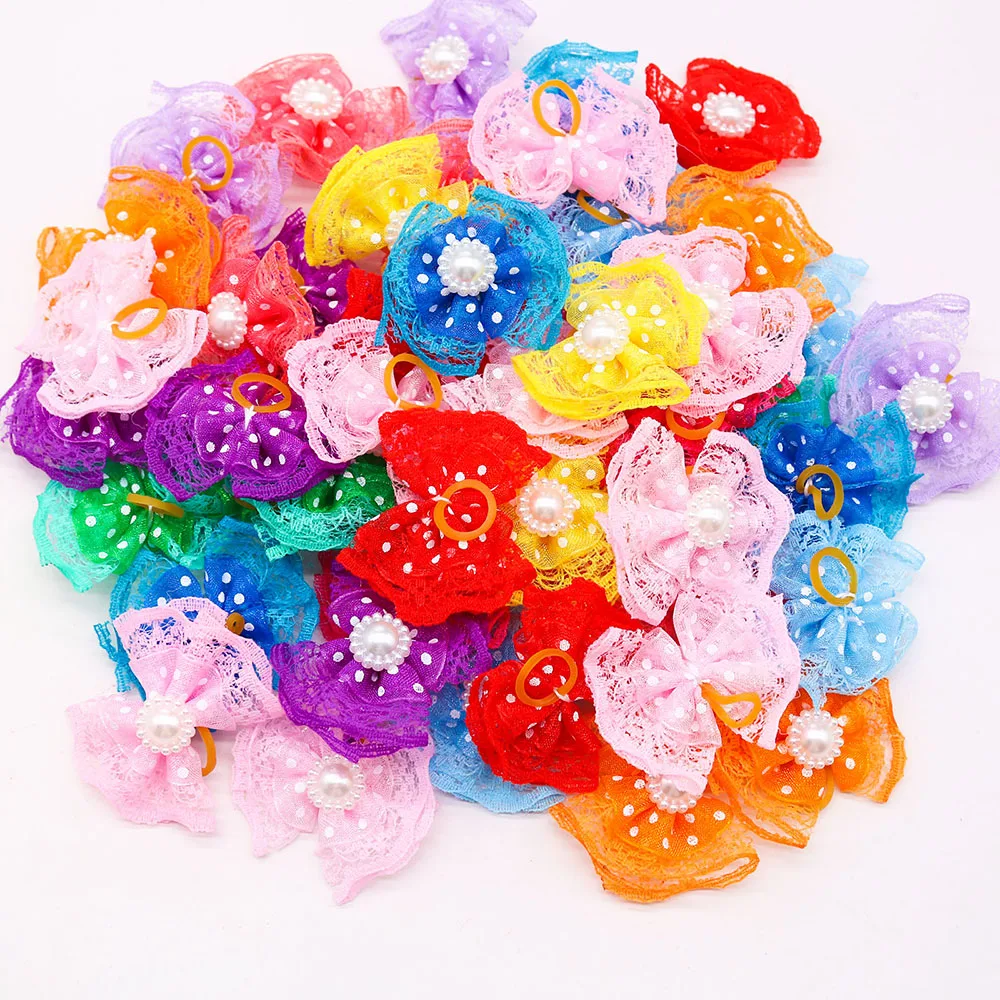 

20pcs New Lace Pet Hair Bows Cat Puppy Girls Rubber Band Bows with Diomand Grooming for Small Dog Headewar Pet Hair Accessories
