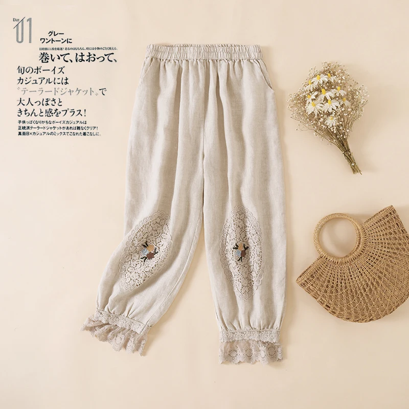 

Limiguyue Lace Patchwork Floral Embroidery Casual Pants Cotton Linen Harem Trousers Calf-Length Blmmoers Women All Match U434