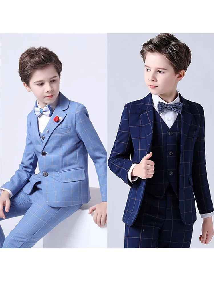 

Spring Big Boys Top Quality Plaid Wedding Suit Teenager Kid Formal Tuxedo Bowtie Dress Children Blazer Party Performance Costume
