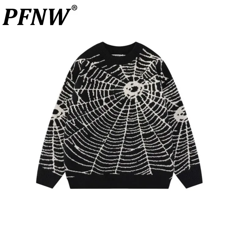 

PFNW Men's Hip Hop Niche Spider Web Jacquard Couple Sweater Knit Women's Trendy Round Neck Pullover Tide Chic Punk Top 12Z5153