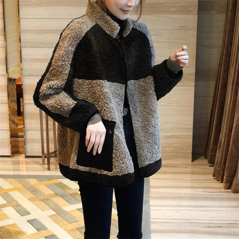 Spliced Lamb Fur Fur One Female Coat Loose Thickened Casual Coat European Station 2023 Autumn and Winter New Women's Commute