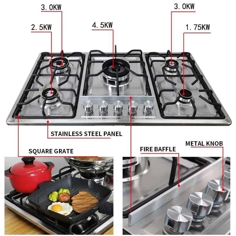 Five-hole Gas Cooktop Stainless Steel Built-in 5 Burners Stovetop LPG/NG Convertible Gas Stove Top Dual Fuel Hob 5