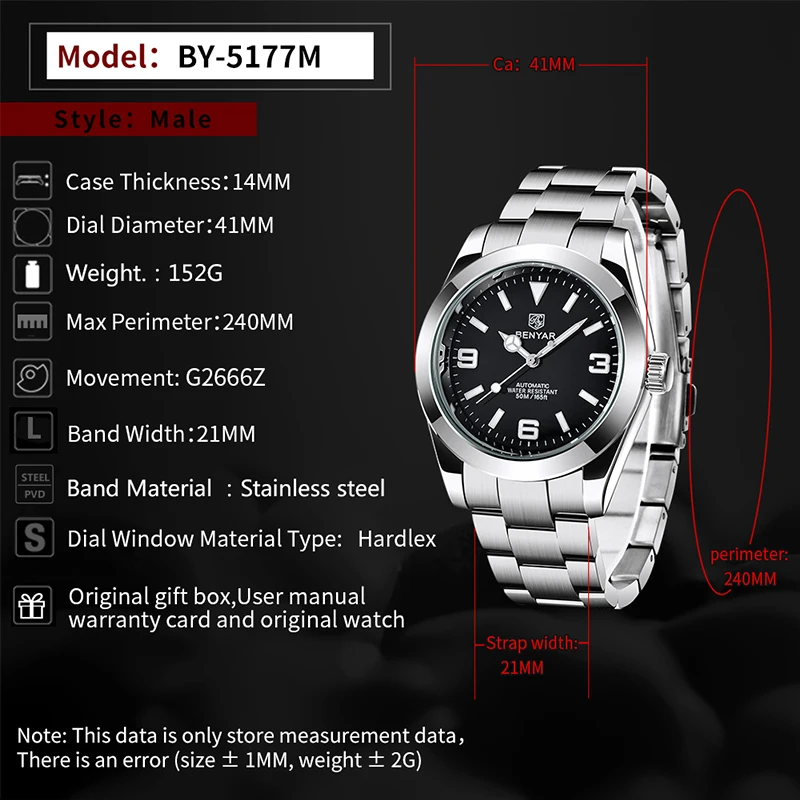Benyar Luxury Men Mechanical Wristwatches Stainless Steel Sports Men Automatic Watches 50atm Waterproof Clock, Alina Gadgets