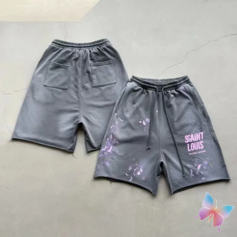

American Vintage Street Saint Michael Shorts Purple Irregular Splashed Ink Letters Casual Drawstring Capris Men Women Pants