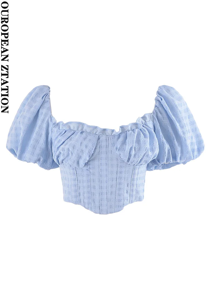 

PAILETE Women 2023 fashion slim crop blouses sexy square collar puff sleeves female shirts blusas chic tops