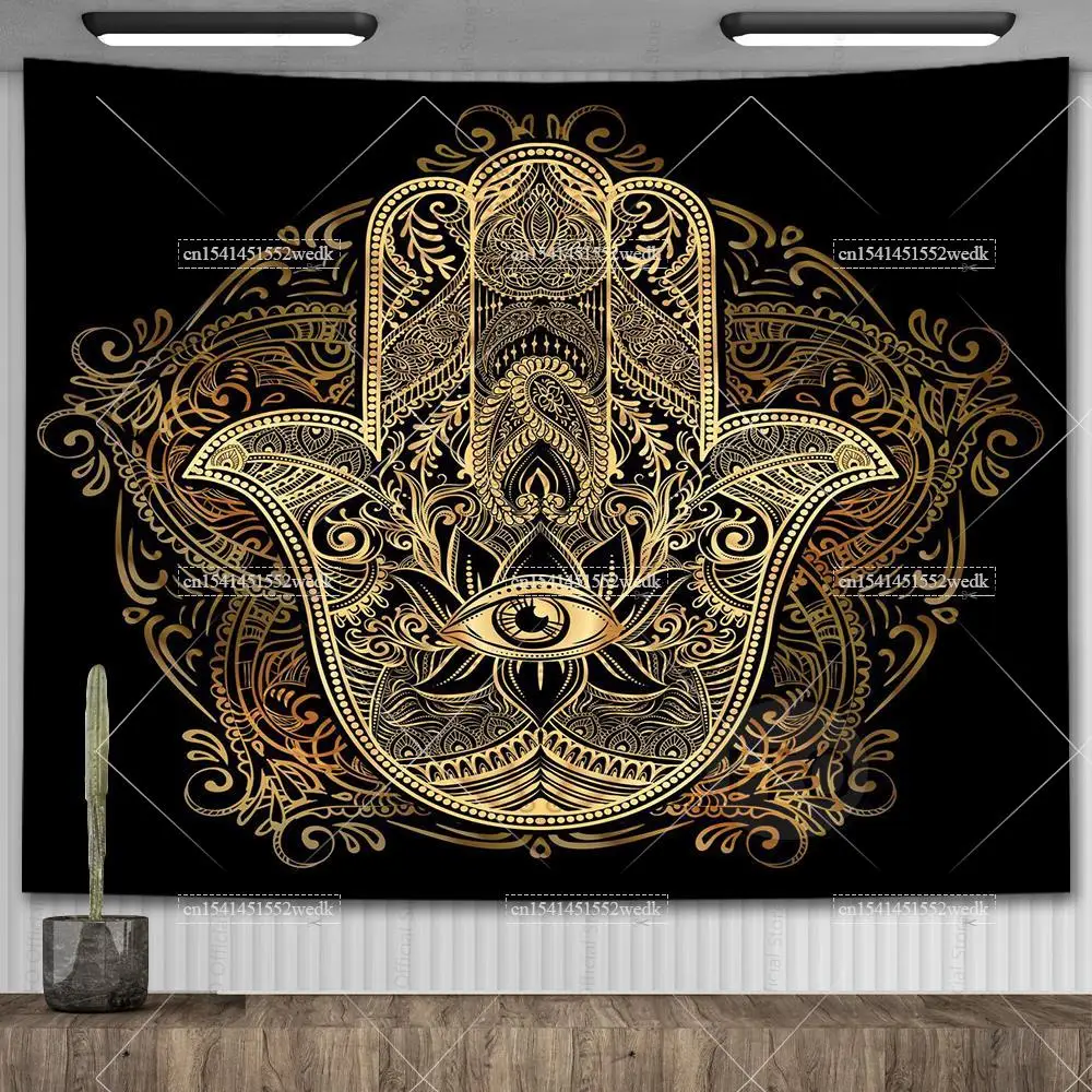 Black Gold Hamsa Hand Tapestry Hippie Bohemian Mandala Evil Eye Wall Tapestry Aesthetic Bedroom Decoration Yoga Meditation 1