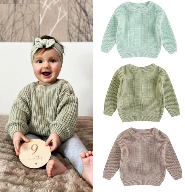 

0-5Y Little Boy Girl Warm Knit Sweater Causal Solid Color Crew Neck Long Sleeve Pullover Sweaters Tops Knitwear for Fall Winter
