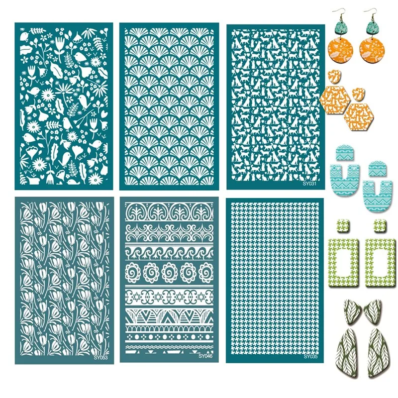 Silk Screen Stencils SNASAN Mesh Transfer Printing Tools Tulip Cat For DIY Painting Stencil Polymer Clay Earrings Jewelry Making