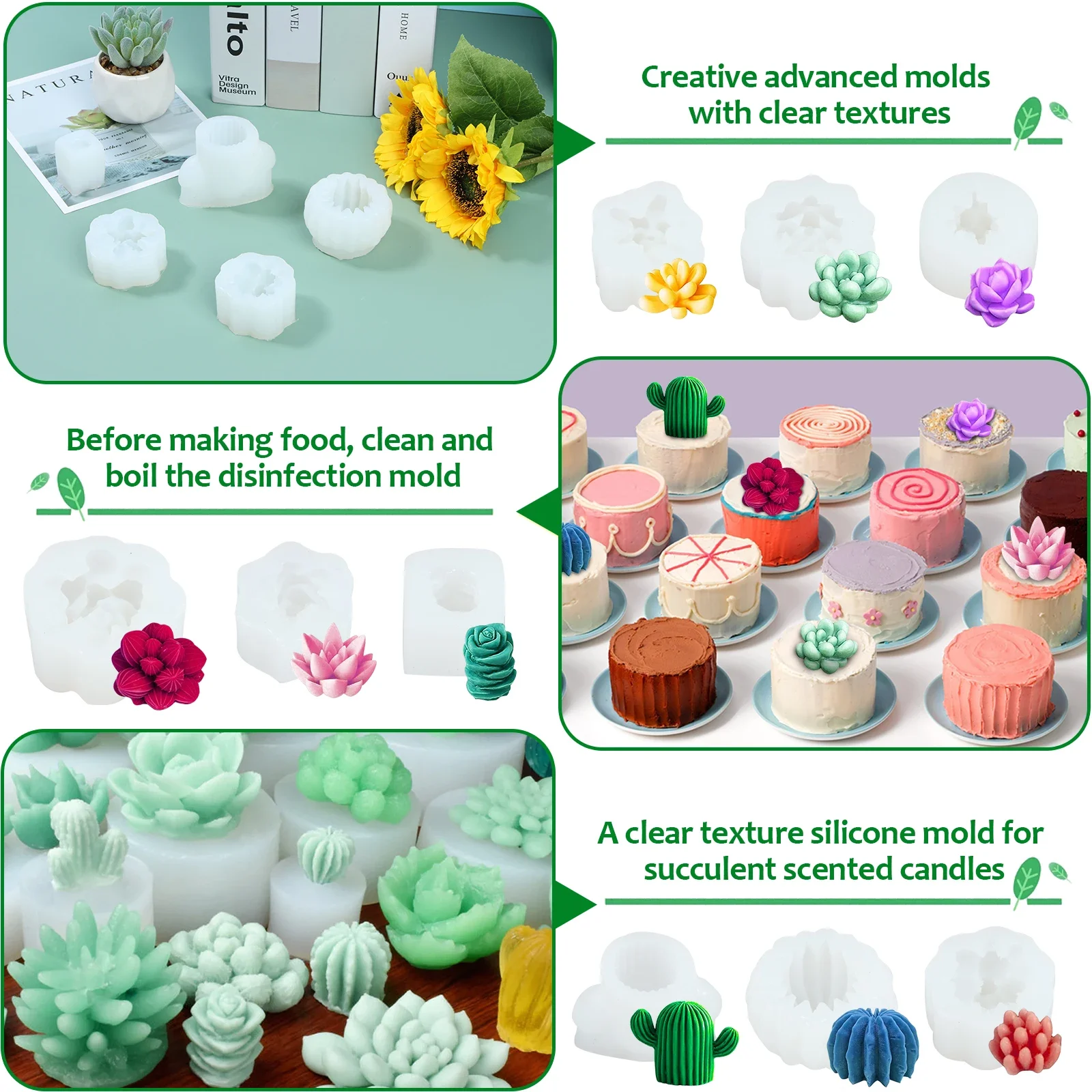 9Pc Succulent Silicone Mold 3D Succulent Cactus Candle Molds Creative Resin Mold Safe Cactus Flower Resin Casting