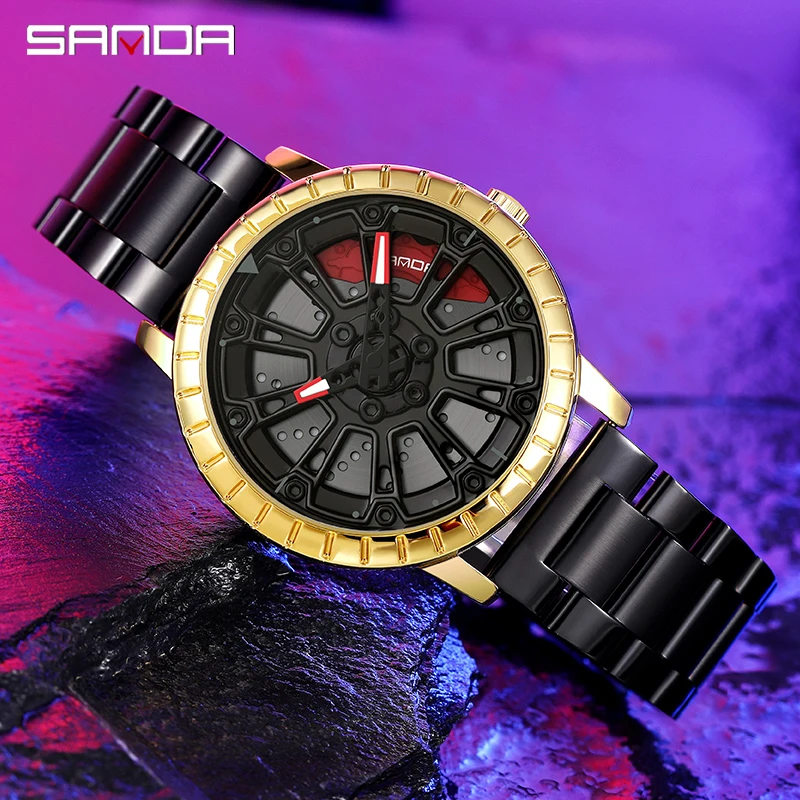 SANDA 360° Rotating Dial Luxury Brand Men Sports Quartz Watch Racing Watch Luminous Waterproof Clock Stainless Steel Band Reloj