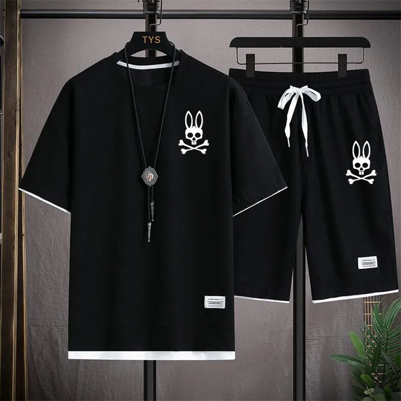 

Fashion Casual Psycho Bunny Mens Summer Sets T Shirt Shorts 2 Piece Tracksuit Print Korean Style Unisex Oversized Men Clothing